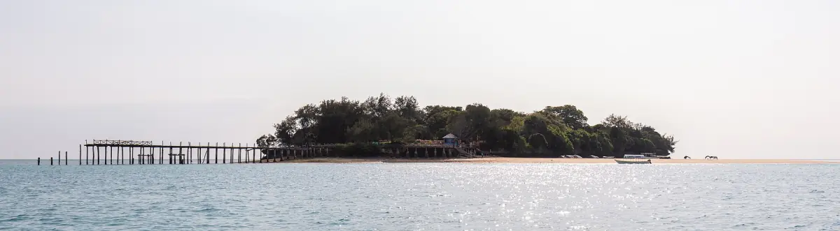 Petite île boisée de Changuu avec une longue jetée sur une eau calme