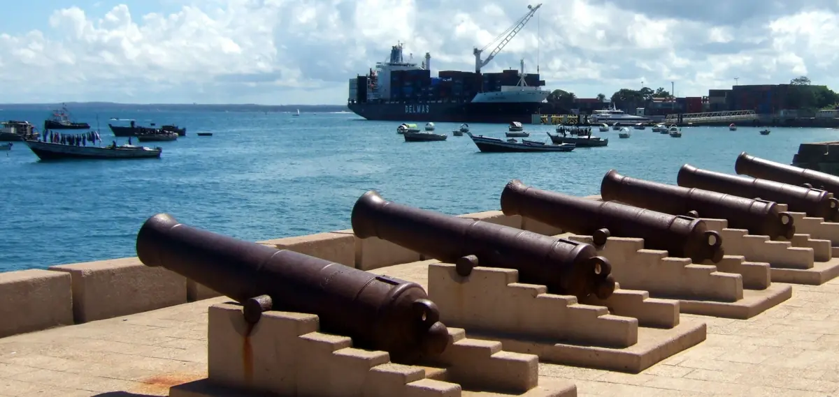 Old cannons lined up along the sea wall at Forodhani Gardens
